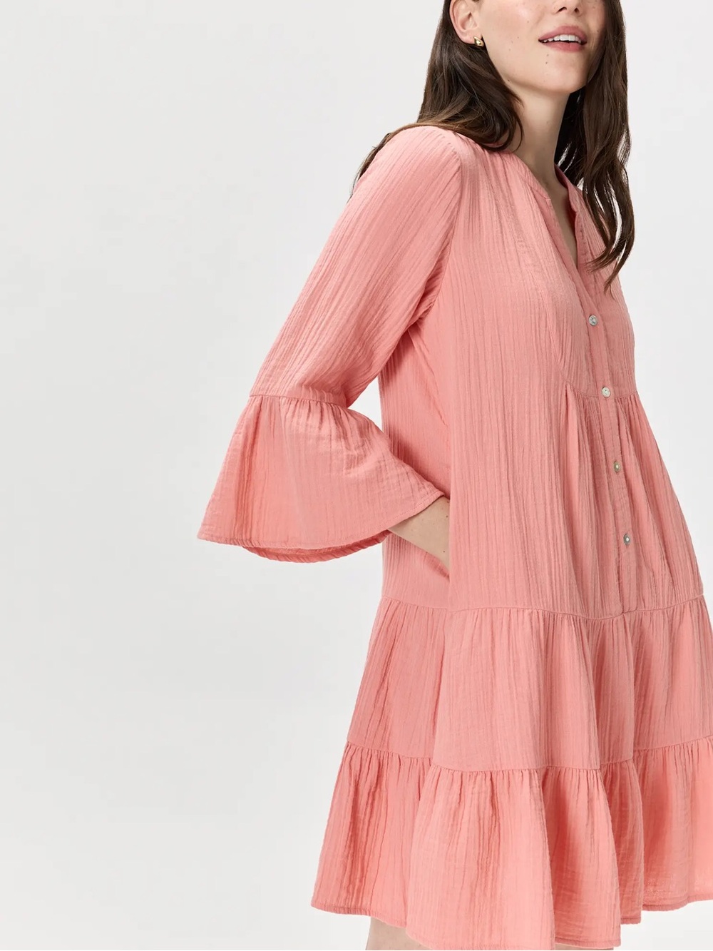 Quince Coral Pink Tiered Mini Dress Organic Cotton Gauze Tiered Size S - Picture 5 of 7